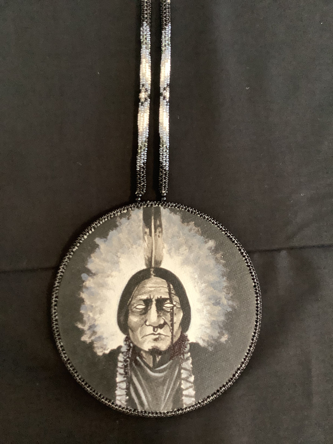 Sitting Bull hand painted and beaded lanyard necklace.