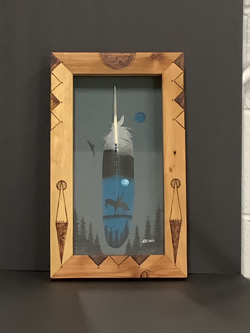 Hand Painted Framed Imitation Eagle feathers.